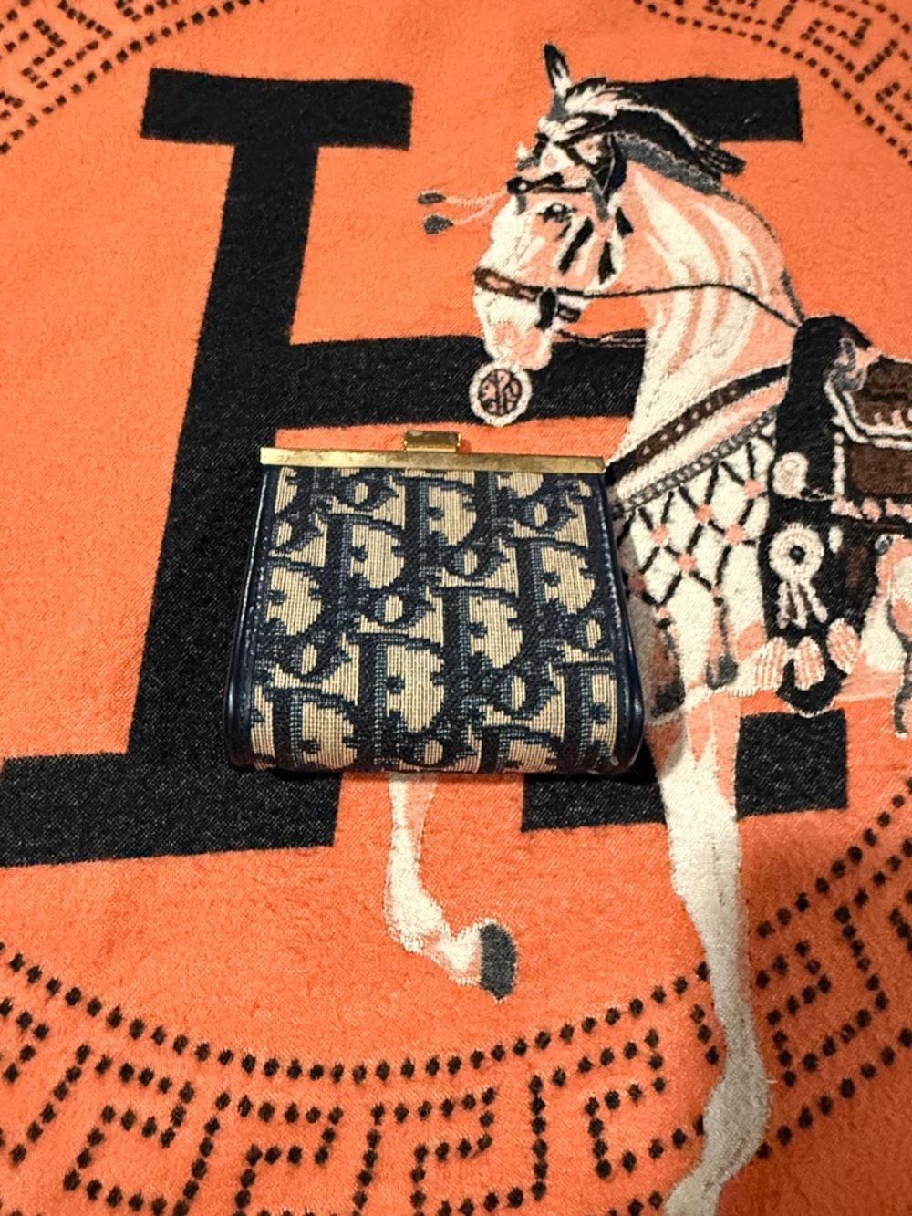 Dior Navy & Beige Monogram Canvas Coin Purse with Gold-Tone Frame